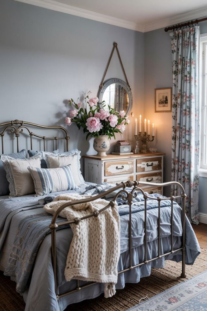 A charming and cozy bedroom with light blue walls, featuring a metal bed frame, floral curtains, and vintage dresser.