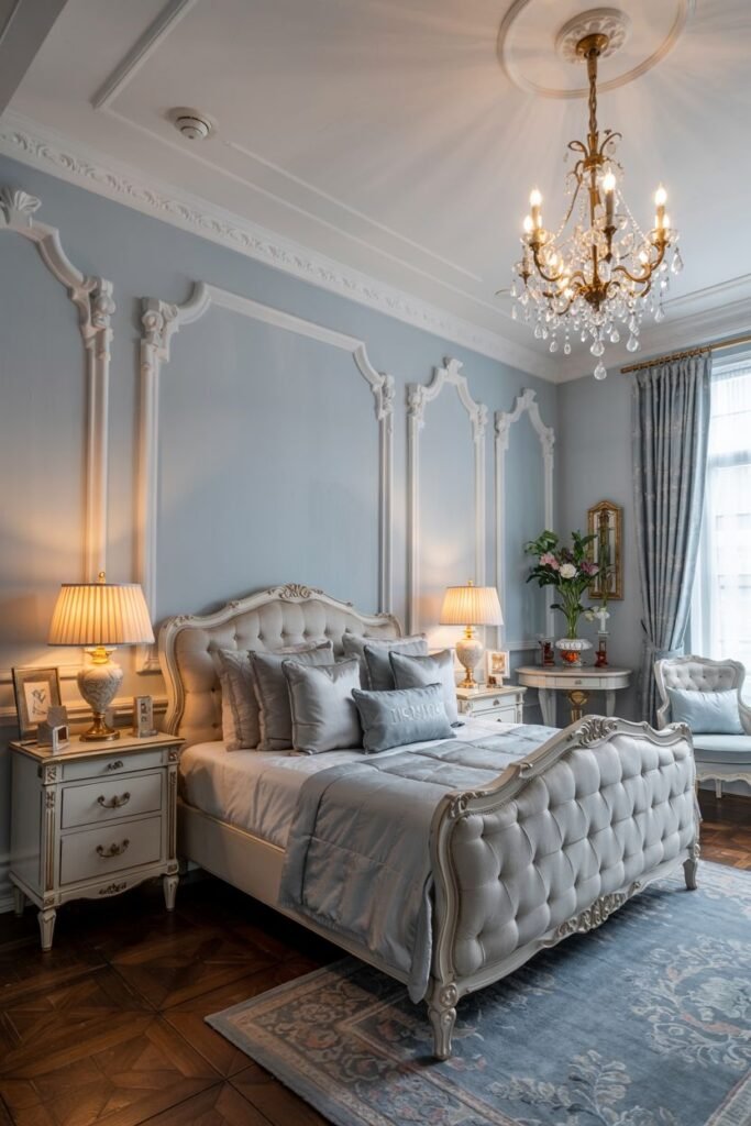 A luxurious and cozy bedroom in light blue with ornate white trim, a tufted bed, crystal chandelier, and patterned rug.