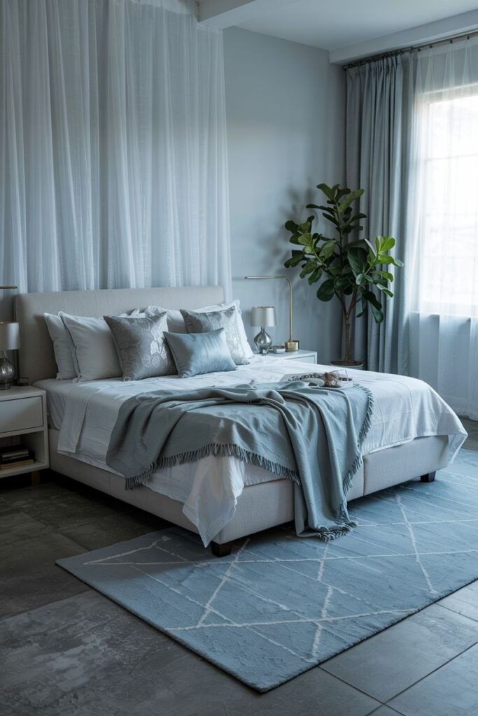 A modern and cozy bedroom with light blue accents, featuring a bed, sheer curtains, and a large plant in the corner.