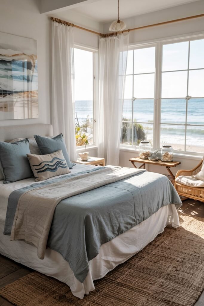 A beach-style and cozy bedroom with light blue walls, overlooking the ocean through large windows, featuring a bed with a blue and grey quilt and a jute rug.