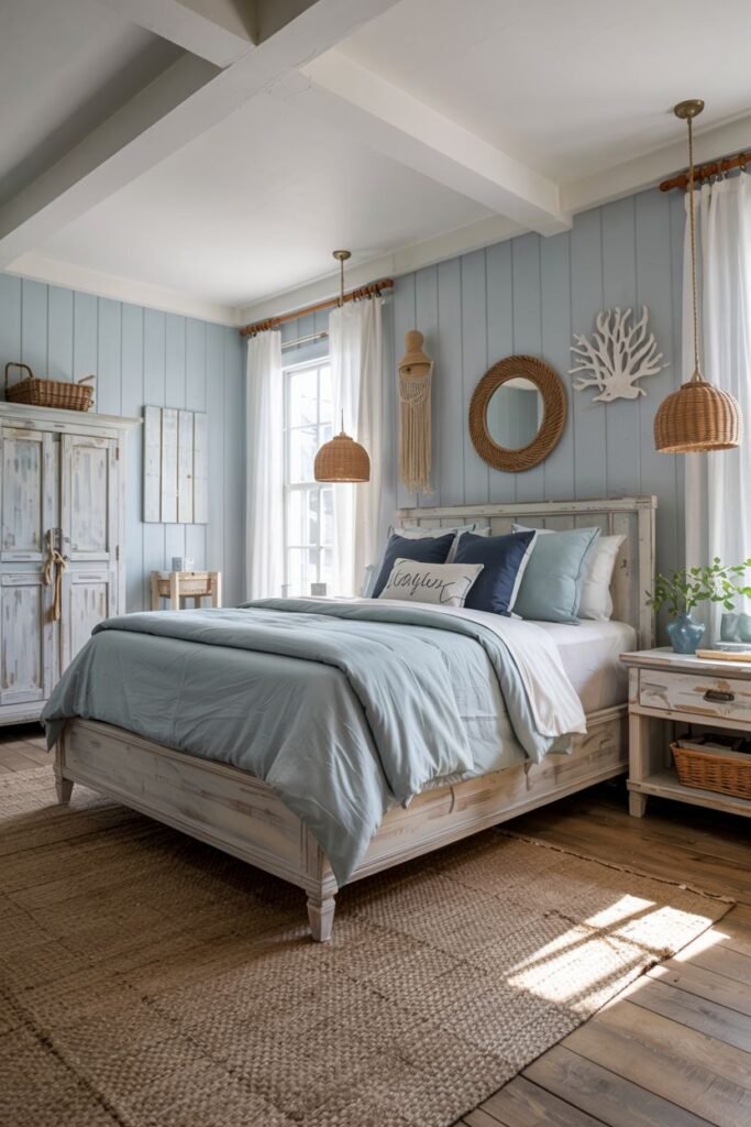 A rustic and cozy bedroom with light blue paneling on the walls, featuring a white distressed bed, wooden accents, and a jute rug.