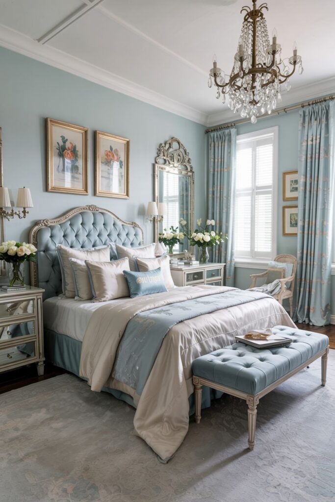 An elegant and cozy bedroom in light blue with a tufted headboard, crystal chandelier, and patterned curtains and rug.