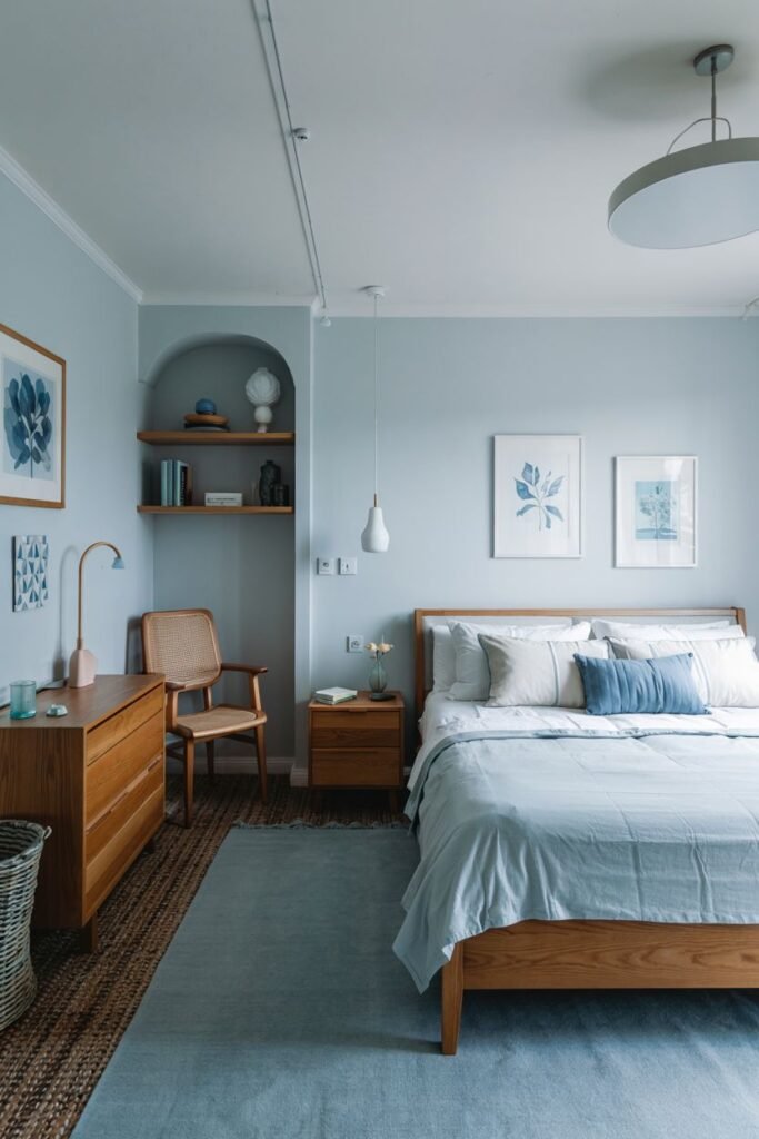 A simple and cozy bedroom with light blue walls, featuring a wooden bed frame, modern artwork, and a jute rug.