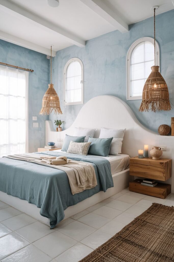 A unique and cozy bedroom with textured light blue walls and arched windows, featuring a rounded headboard and woven pendant lights.