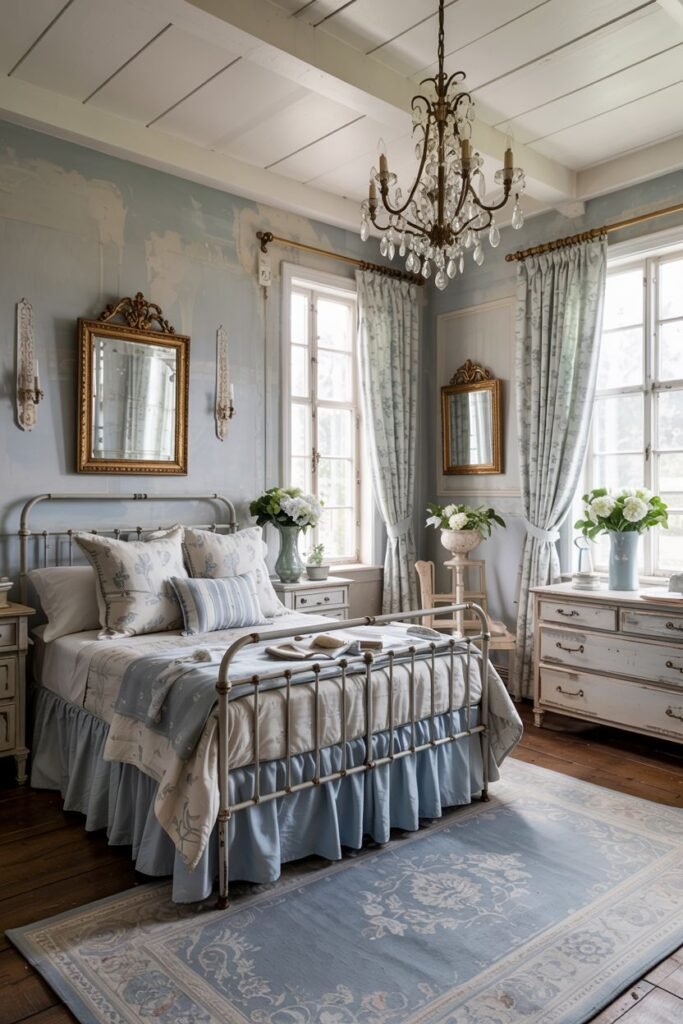 A vintage-style and cozy bedroom with distressed light blue walls, a metal bed frame, crystal chandelier, and patterned rug.