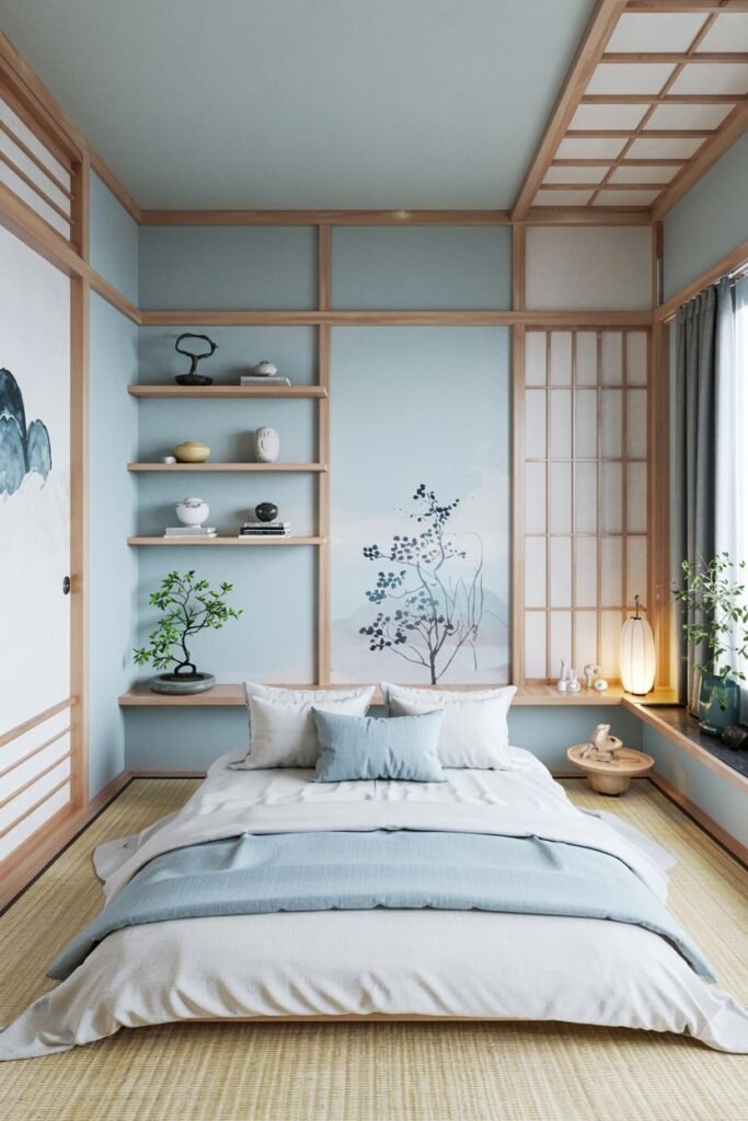 A Japanese-inspired and cozy bedroom with light blue walls and wooden grid details, featuring a low bed on tatami mats.