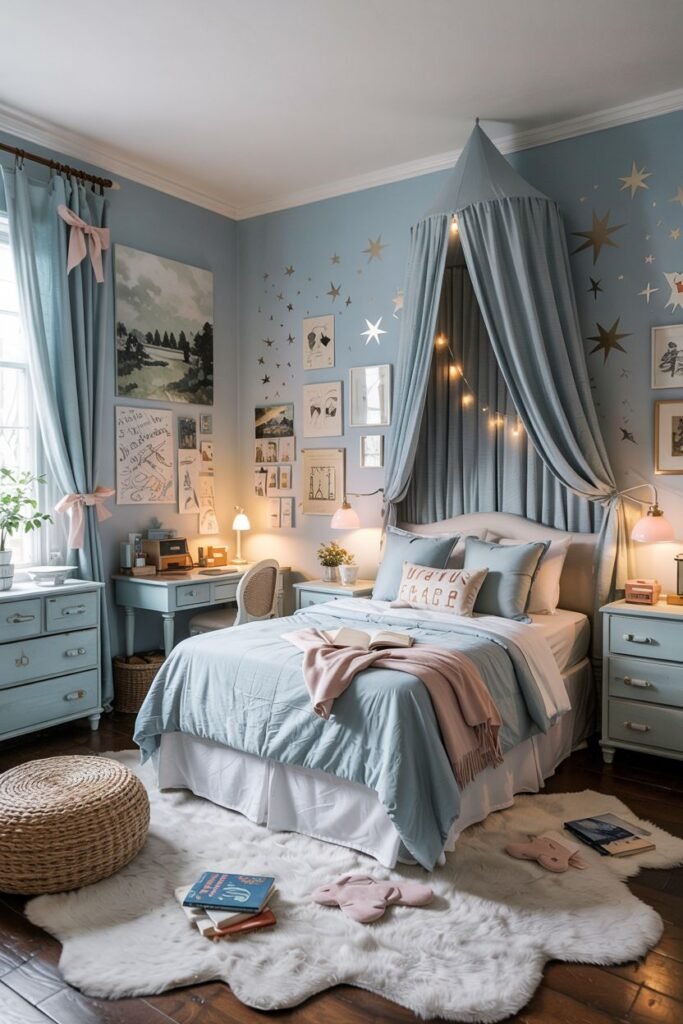A whimsical and cozy bedroom in light blue decorated with stars and string lights, featuring a bed with a canopy and a fluffy white rug.