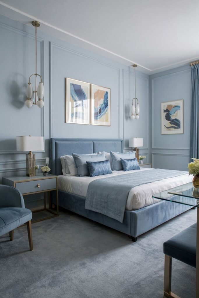 A sophisticated and cozy bedroom in light blue with paneling, featuring a large bed, modern lamps, and abstract artwork.