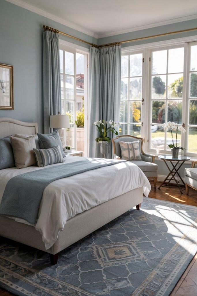 A sunlit and cozy bedroom in light blue with large windows, a bed with a blue runner, and a patterned rug.
