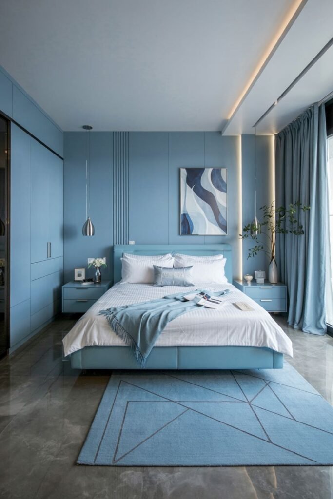 A light blue and cozy bedroom featuring a bed with a blue throw blanket, built-in wardrobe, and abstract art.