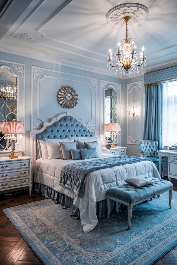 A formal and cozy bedroom in light blue with a tufted headboard, mirrored accents, a bench at the foot of the bed, and a crystal chandelier.