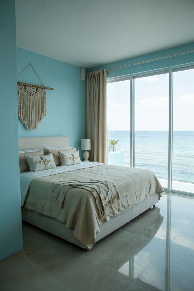 A cozy bedroom with light blue walls and floor-to-ceiling windows overlooking the ocean, featuring a neutral-toned bed and a macrame wall hanging.