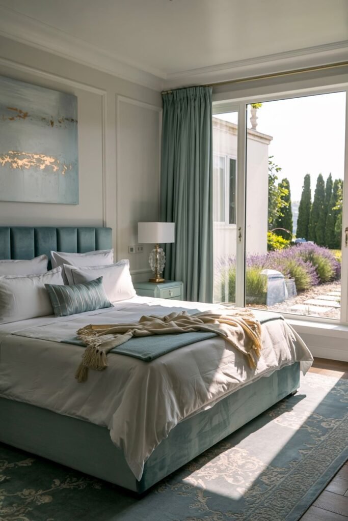 A cozy bedroom with light blue walls and bedding, opening to a garden view through a large glass door.