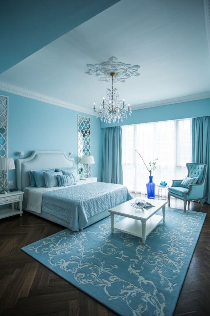 An elegant and cozy bedroom in light blue with paneling, mirrored accents, a chandelier, and a patterned rug.