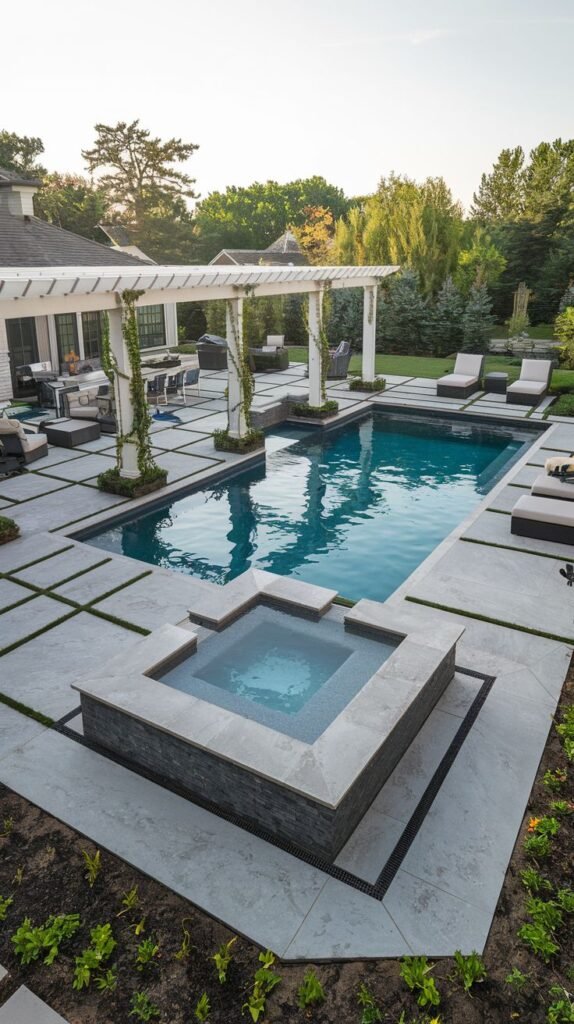 A luxury pool and hot tub retreat features a rectangular pool and an elevated square hot tub, framed by a white pergola covered in climbing plants, with chaise lounges and large paving stones separated by grass.