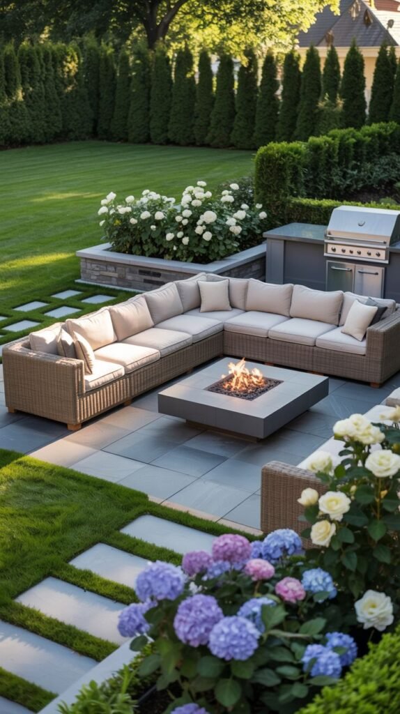 A spacious and cozy outdoor living room on a patio with paving stones and grass features a large L-shaped sectional sofa and additional seating around a central fire pit, with a built-in grill and counter space, surrounded by abundant flowering plants.