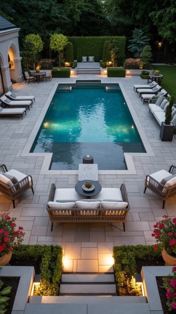 A luxury poolside patio features a pool, chaise lounges, a seating area with sofas and chairs near a table with "The Oasis" sign, and strategic lighting highlighting architectural features, steps, and plantings for evening relaxation.