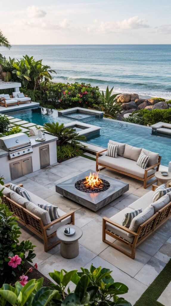 A luxury coastal retreat features a pool and raised spa overlooking the ocean, with an outdoor kitchen and a paved patio where comfortable outdoor sofas and chairs are arranged around a square fire pit amidst lush coastal plantings.