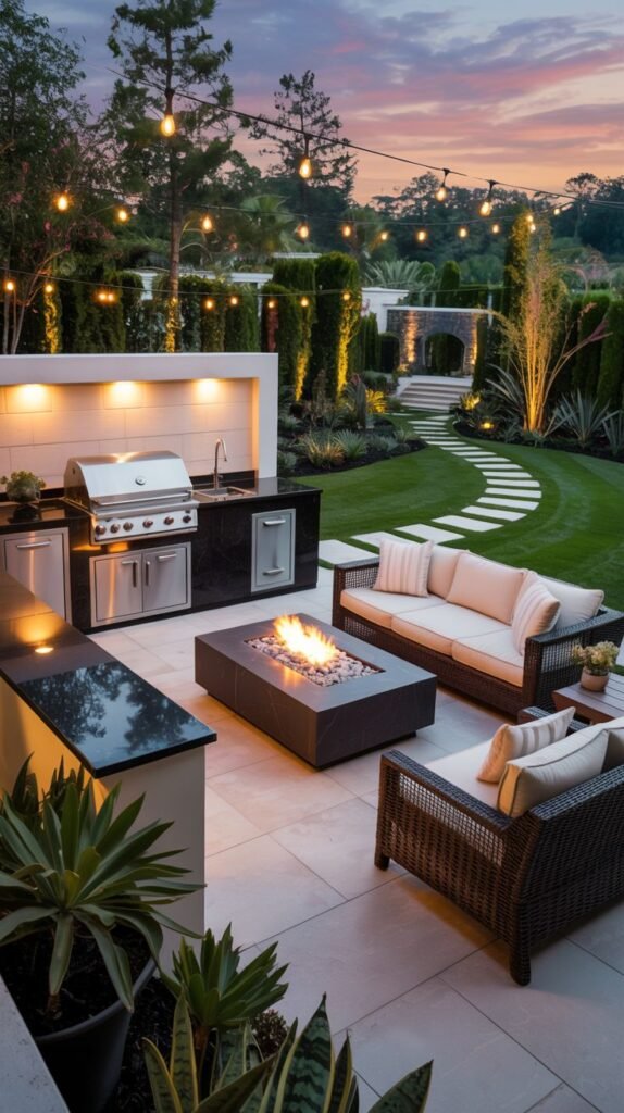 An enchanting outdoor dining and lounge area on a paved patio features a built-in outdoor kitchen, a cozy seating area with sofas and chairs around a rectangular fire pit, and string lights overhead, with low plantings and a winding stepping stone path.
