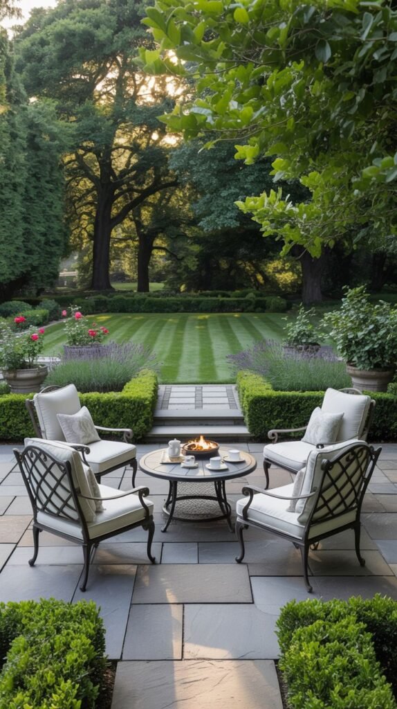 A formal, cozy luxury gathering spot on a dark slate patio features four sophisticated chairs around a round fire table, framed by manicured hedges and stone planters, overlooking a maintained lawn and mature trees.