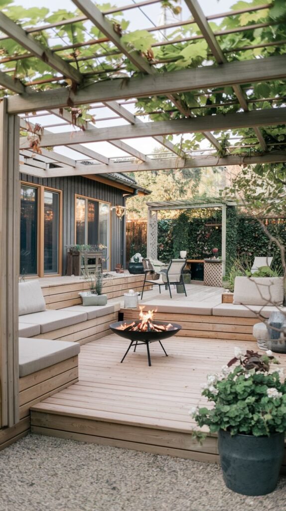 A cozy wooden deck features built-in bench seating with cushions arranged around a freestanding fire pit, with a pergola covered in climbing vines providing partial shade, and gravel surrounding the deck.