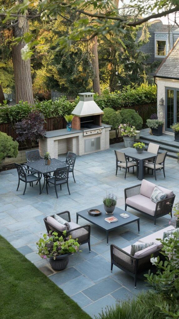 A spacious luxury patio with blue slate paving is designed with multiple zones, including separate areas for dining and lounging with comfortable furniture, and features an impressive outdoor kitchen with a grill and chimney, surrounded by mature trees and lush plantings.