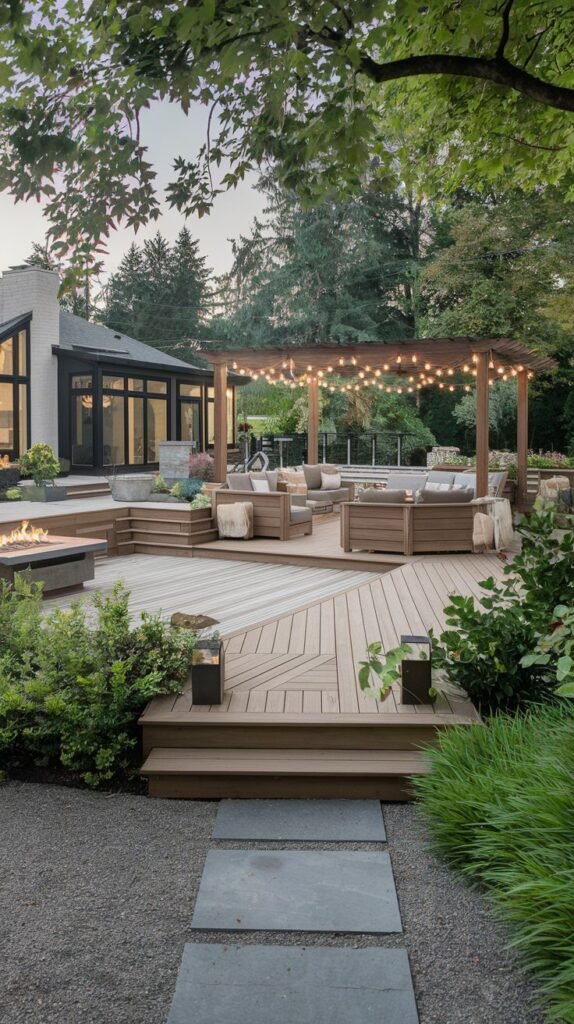 A multi-level luxury wooden deck provides various seating areas with comfortable furniture and coffee tables, includes a cozy fire pit area on one level, and is enhanced by a pergola with string lights and gravel pathways.