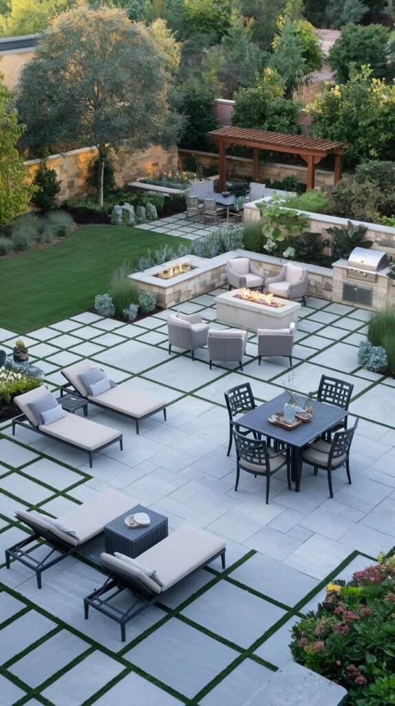 A grand luxury patio with extensive paving features a pool, chaise lounges, a cozy seating area around a fire pit, a dining area, and an outdoor kitchen, set on a large paved space with grass joints and incorporating raised planting beds and a pergola.
