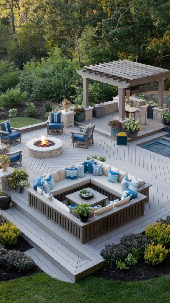 A luxury wooden deck features a unique sunken cozy conversation pit with built-in bench seating and plush cushions surrounding a square fire pit, with additional seating and a pergola on the upper deck level.