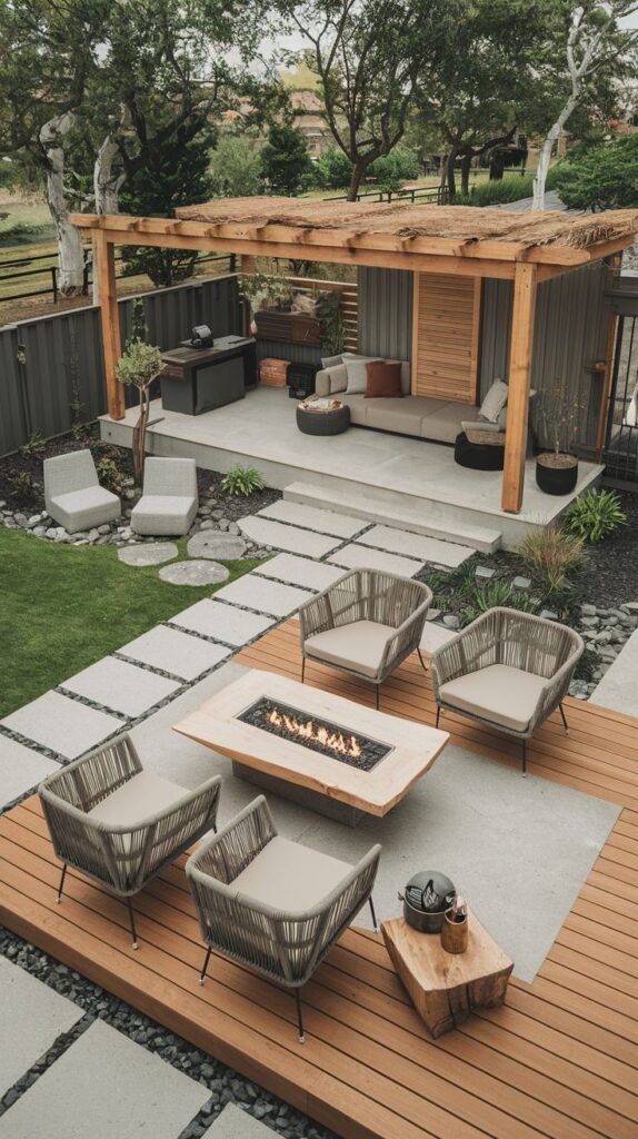A cozy luxury lounge area is set under a unique pergola with a thatched roof and slatted wood walls, featuring a fire pit surrounded by rope chairs on a paved section, an outdoor kitchen, and stepping stones through gravel and grass.