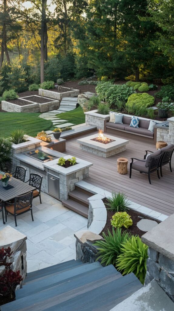 A split-level luxury outdoor living space features stone retaining walls, a built-in grill and counter area on the lower level, and a cozy seating area with a fire pit on a wooden deck on the upper level, incorporating raised planting beds and stone pathways.