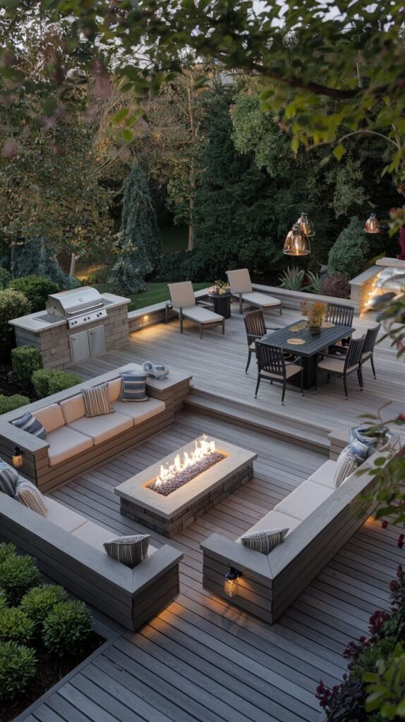 A deep, cozy luxury seating area is integrated into a wooden deck, forming a U-shaped bench with cushions around a rectangular fire pit, adjacent to an outdoor kitchen with a grill and counter, and a dining area, enhanced by landscape lighting.