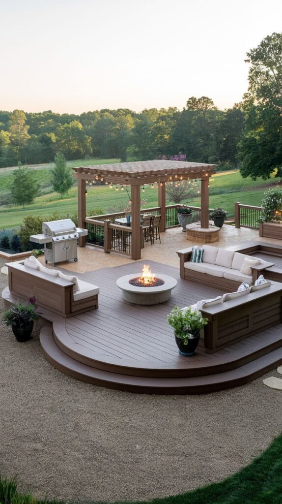 A curved luxury wooden deck features comfortable sofas around a circular cozy fire pit on the lower level, and a pergola with string lights over a dining or bar area on an upper level, surrounded by gravel.