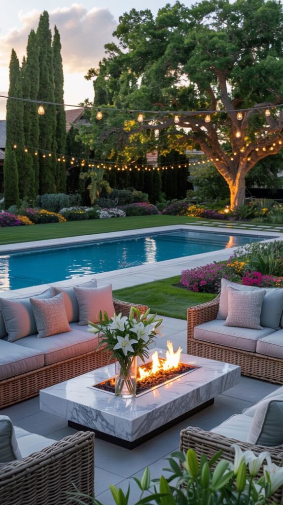 A sophisticated luxury poolside patio features comfortable outdoor sofas and chairs arranged around a striking marble fire table, with beautiful flowering plants, tall trees, and string lights overhead creating a cozy ambiance.