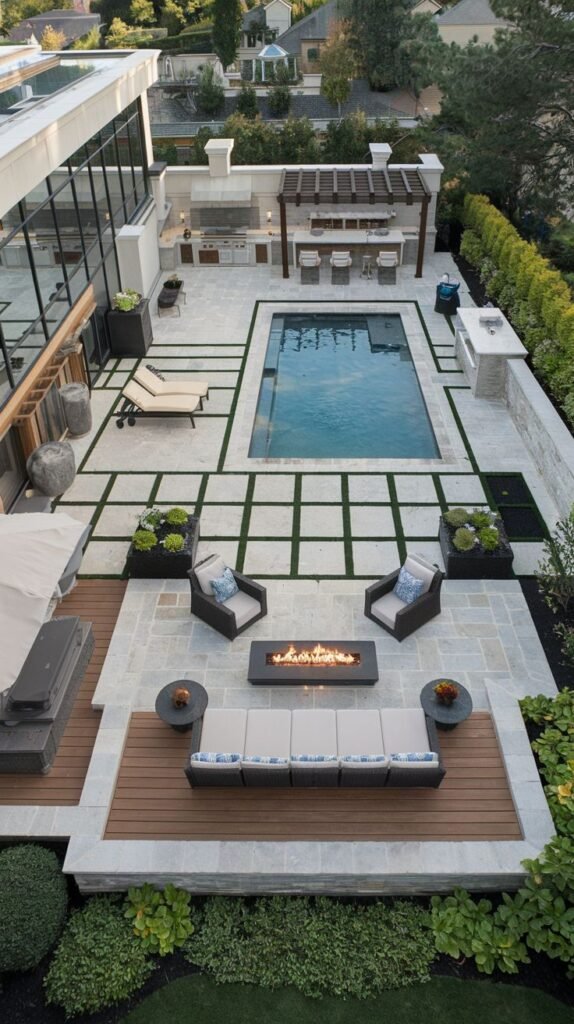 An elevated luxury outdoor terrace, potentially a rooftop, features a rectangular pool and multiple seating areas, including a cozy lounge area with sofas and chairs around a fire pit on a lower wooden deck level, with an outdoor kitchen, bar seating, and green spaces.