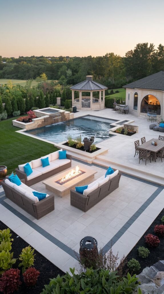 A luxury backyard oasis features a pool with a raised wall and water feature, a cozy seating area with sofas around a fire pit on a paved patio, a dining area, and a gazebo, set against a backdrop of lush landscaping and views.
