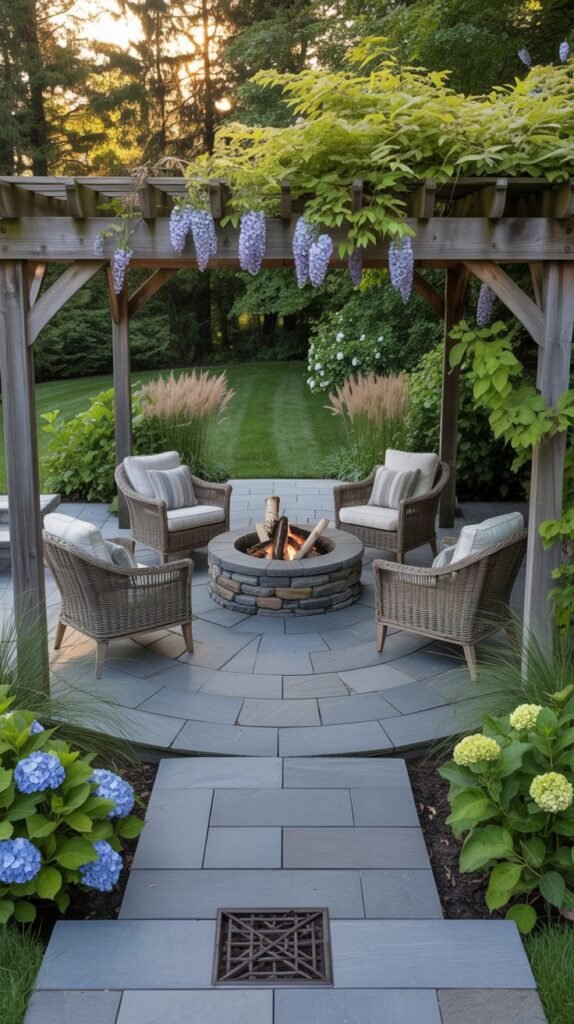 A charming, cozy seating area is centered around a circular stone fire pit with wicker chairs on blue slate paving, shaded by a wooden arbor covered in flowering vines and bordered by colorful hydrangeas.