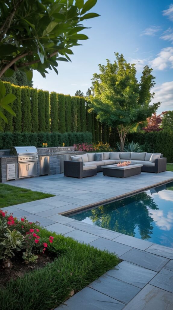 A luxury outdoor kitchen with a grill and counter space is adjacent to a paved patio featuring a large L-shaped sectional sofa around a coffee table with a fire feature, next to a rectangular pool and defined by hedges and landscaping.