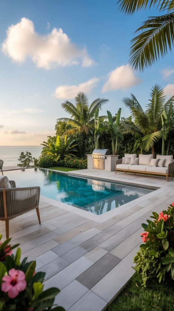 An ocean view luxury patio features an infinity pool overlooking the sea, with a sofa, standalone chair, and built-in grill area on a light-colored paved patio surrounded by lush tropical plants and palm trees.