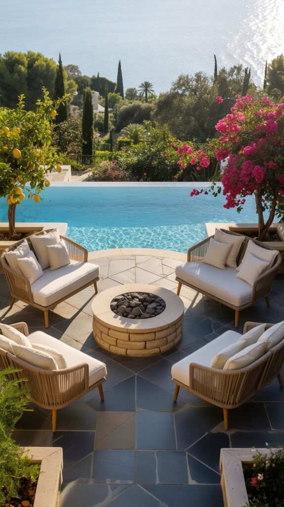 A stunning luxury fire pit gathering spot on a slate-tiled patio features a round stone fire pit with four chairs, overlooking an infinity pool and a panoramic ocean view, framed by vibrant bougainvillea and lemon trees.