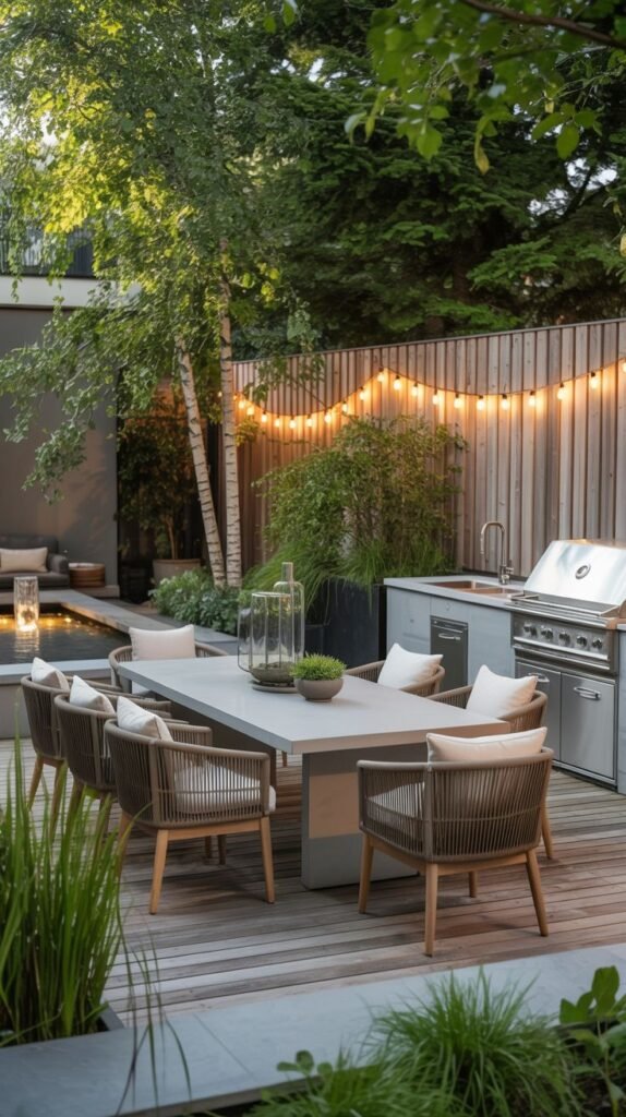 An outdoor dining and grilling space on a wooden deck includes a dining table and chairs, a complete outdoor kitchen with a grill and sink, and string lights overhead, set against a backdrop of trees and plants.