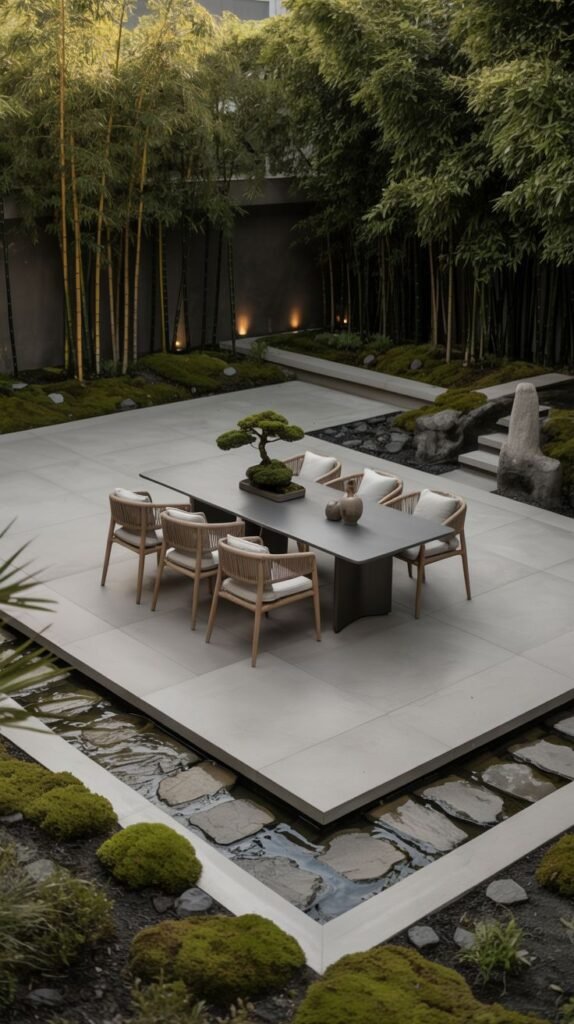 A serene, luxury Zen-inspired dining area features a modern dining table and chairs on a large paved square, surrounded by manicured moss, stones, water features, tall bamboo stalks, and a small bonsai tree.