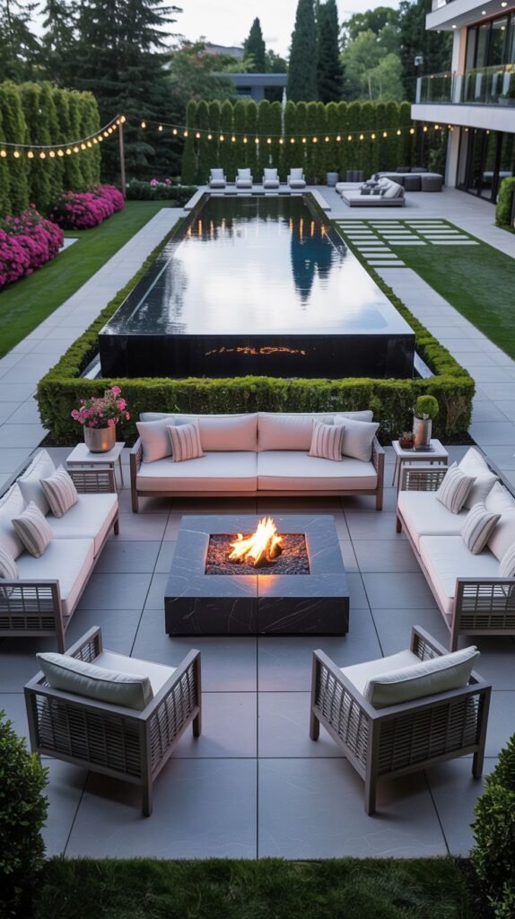 A formal, cozy luxury gathering spot on a paved patio features outdoor sofas and chairs arranged around a square fire pit with a dark stone top, positioned near a long reflecting pool and framed by neat hedges and string lights.
