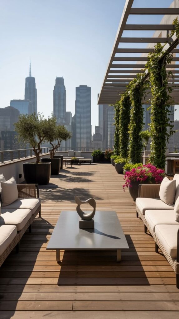 A modern rooftop with a wooden deck, lounge seating, and a metal pergola covered in vines, featuring potted plants and trees, offering a cozy seating area with a striking city skyline view.