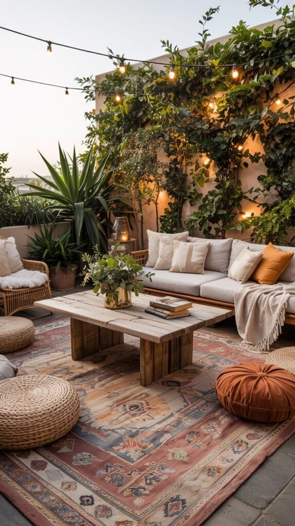 A cozy rooftop patio featuring a low wooden coffee table, comfortable seating with many pillows, and string lights, all set on a patterned rug with various potted plants and lush vines covering the wall, creating a modern bohemian vibe.