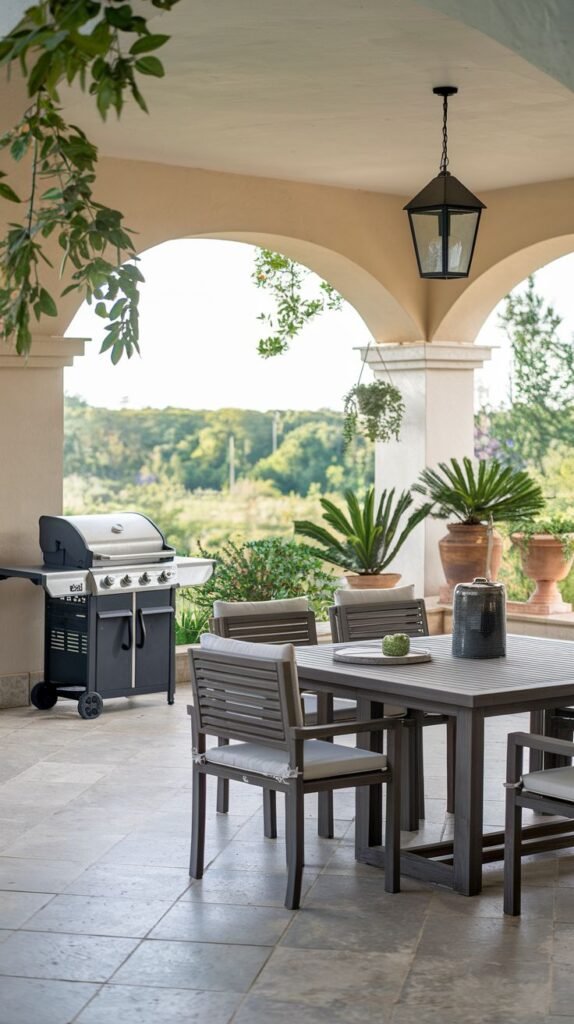 A covered patio area featuring a barbecue grill and a modern dining table and chairs, set on a tiled floor with potted plants, offering a cozy outdoor cooking and dining space.