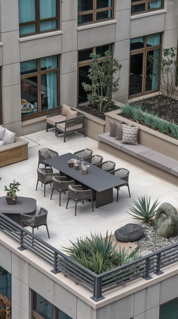A large modern rooftop courtyard with various seating areas including a long dining table and woven chairs, lounge seating, and built-in benches, surrounded by planters with succulents and rocks, creating a structured yet cozy space.