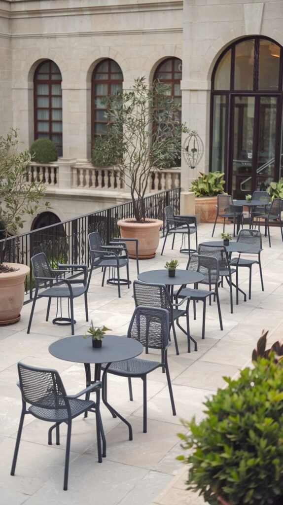 An elegant outdoor courtyard featuring multiple small metal tables and chairs set on a stone patio, surrounded by classic architecture and potted plants, offering cozy seating in a modern style.