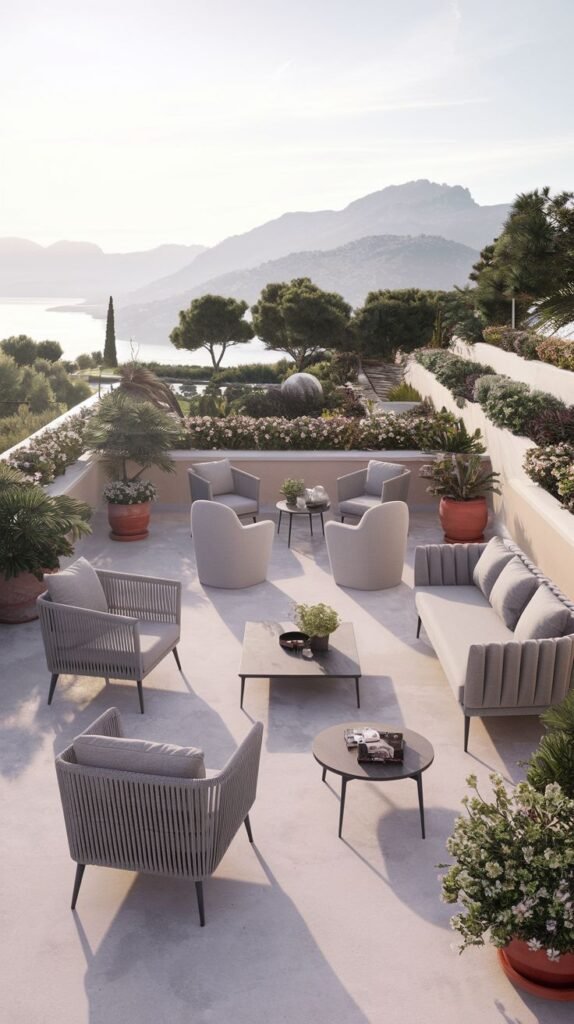 A beautiful and modern outdoor terrace with varied seating arrangements including armchairs, sofas, and coffee tables, set against a stunning view of mountains and water, with numerous potted plants adding a cozy touch.