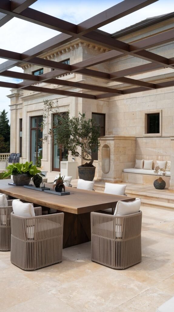 A spacious and elegant outdoor dining area featuring a large wooden table and comfortable chairs with cushions, set on a stone patio under a metal pergola, next to a traditional stone building, creating a cozy and modern space for entertaining.